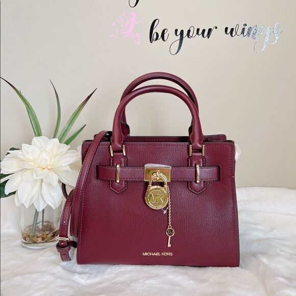 MICHAEL KORS HAMILTON SMALL SATCHEL‎ KEY LOCK CROSSBODY BAG MERLOT - Picture 1 of 8